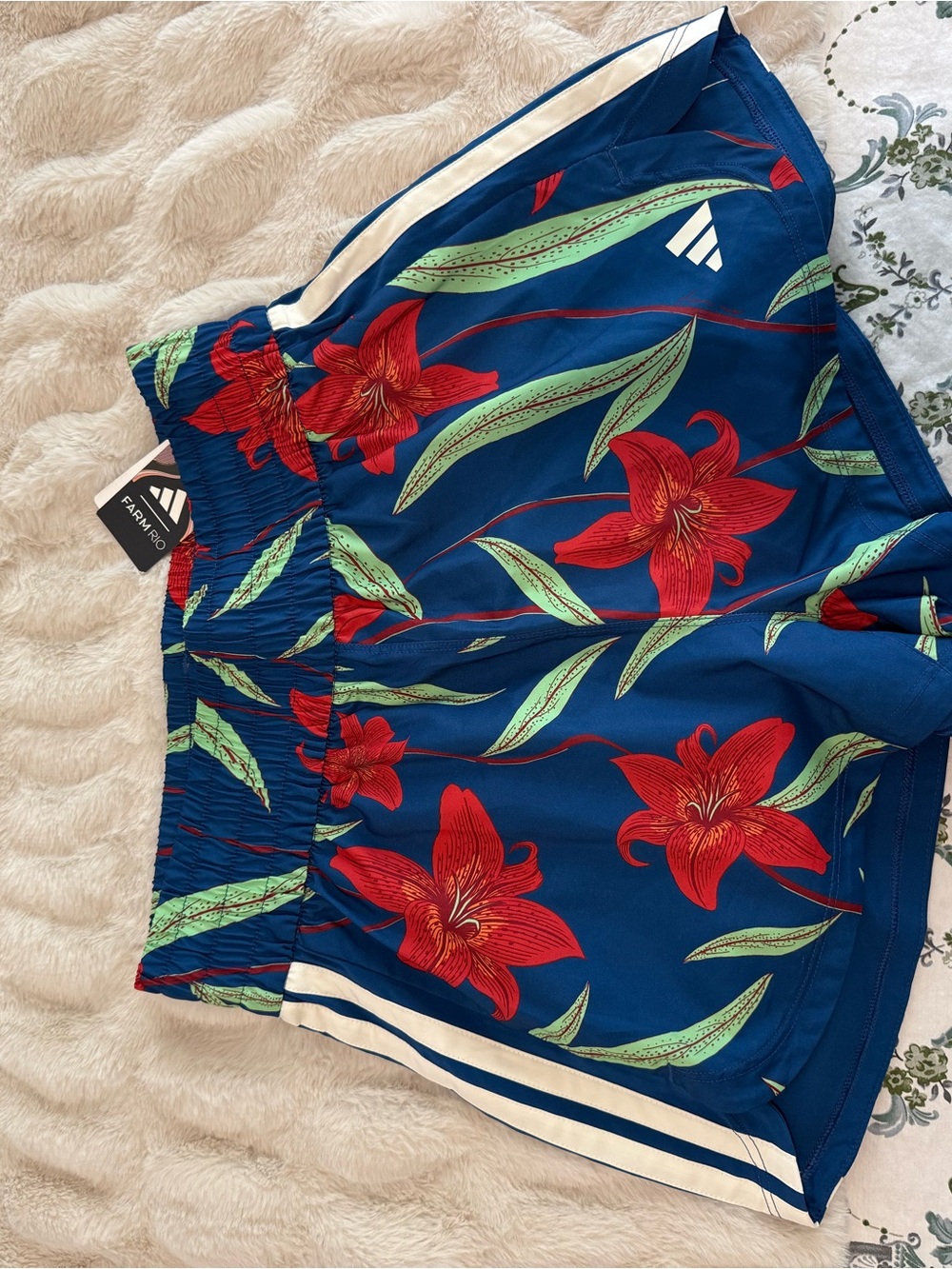 FARM Rio x adidas Blue Athletic Shorts with Red Floral Print